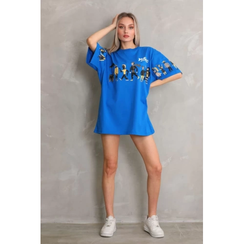 Unisex Bisiklet Yaka Baskılı Oversize T-Shirt - Mavi