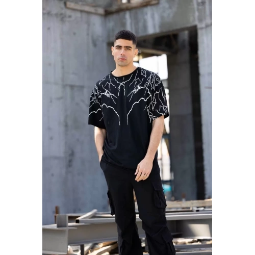 Unisex Bisiklet Yaka Baskılı Oversize T-Shirt - Siyah