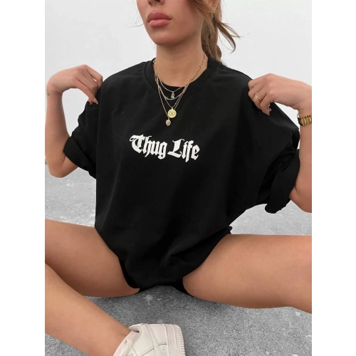 Unisex Bisiklet Yaka Baskılı Oversize T-Shirt - Siyah