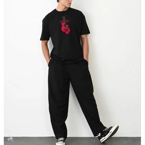 Unisex Bisiklet Yaka Baskılı Oversize T-Shirt - Siyah