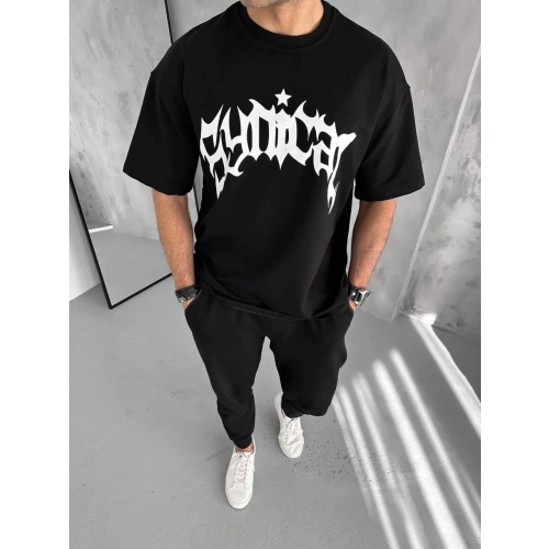 Unisex Bisiklet Yaka Baskılı Oversize T-Shirt - Siyah