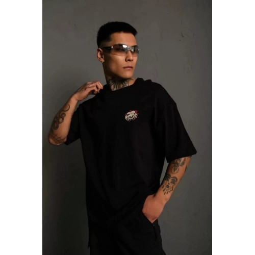 Unisex Bisiklet Yaka Baskılı Oversize T-Shirt - Siyah