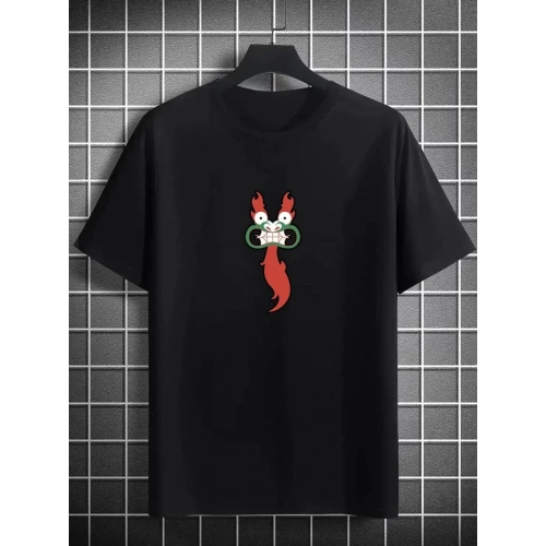 Unisex Bisiklet Yaka Baskılı Oversize T-Shirt - Siyah