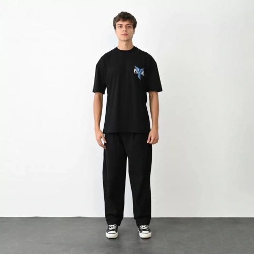 Unisex Bisiklet Yaka Baskılı Oversize T-Shirt - Siyah