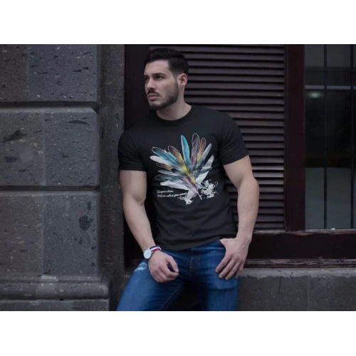 Unisex Bisiklet Yaka Baskılı Oversize T-Shirt - Siyah