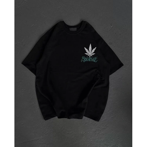 Unisex Bisiklet Yaka Baskılı Oversize T-Shirt - Siyah