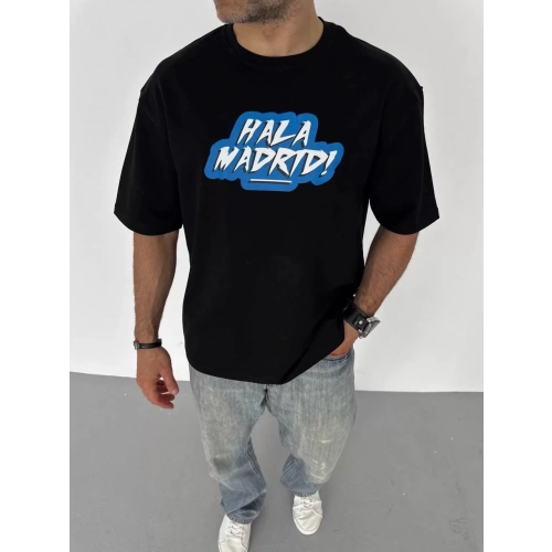 Unisex Bisiklet Yaka Baskılı Oversize T-Shirt - Siyah