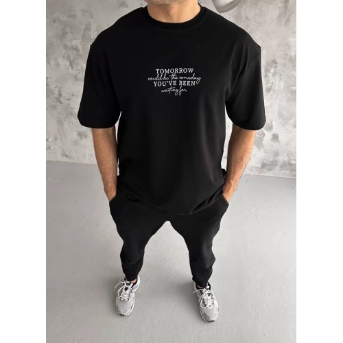 Unisex Bisiklet Yaka Baskılı Oversize T-Shirt - Siyah