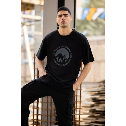 Unisex Bisiklet Yaka Baskılı Oversize T-Shirt - Siyah