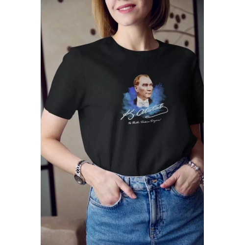 Unisex Bisiklet Yaka Baskılı Oversize T-Shirt - Siyah