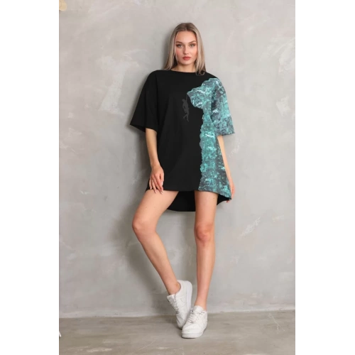 Unisex Bisiklet Yaka Baskılı Oversize T-Shirt - Siyah