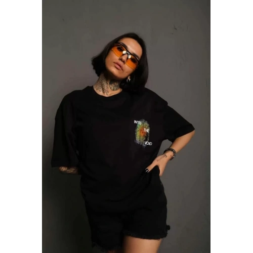 Unisex Bisiklet Yaka Baskılı Oversize T-Shirt - Siyah