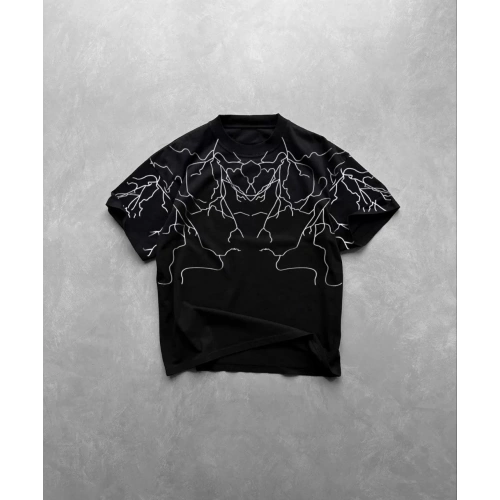 Unisex Bisiklet Yaka Baskılı Oversize T-Shirt - Siyah