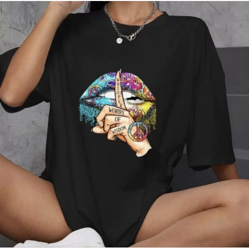 Unisex Bisiklet Yaka Baskılı Oversize T-Shirt - Siyah