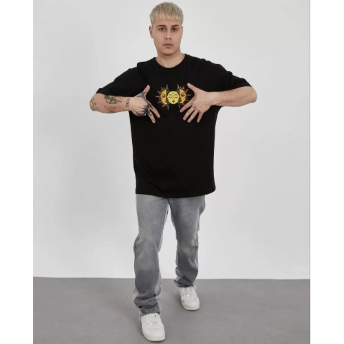 Unisex Bisiklet Yaka Baskılı Oversize T-Shirt - Siyah