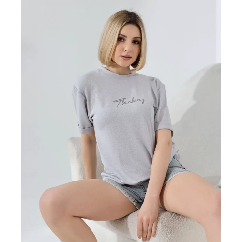 Unisex Bisiklet Yaka Baskılı Slim Fit T-Shirt - Boyalı Gri