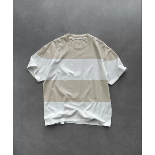 Unisex Bisiklet Yaka Parçalı T-Shirt - Bej