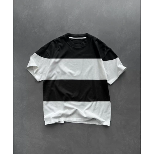 Unisex Bisiklet Yaka Parçalı T-Shirt - Siyah