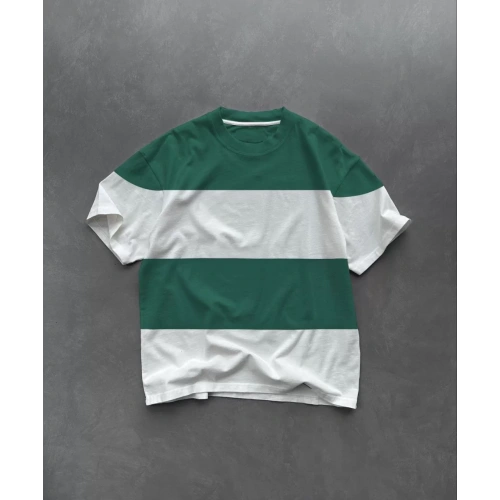 Unisex Bisiklet Yaka Parçalı T-Shirt - Yeşil