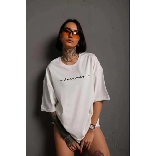 Unisex Kadın Bisiklet Yaka Baskılı T-Shirt - Beyaz