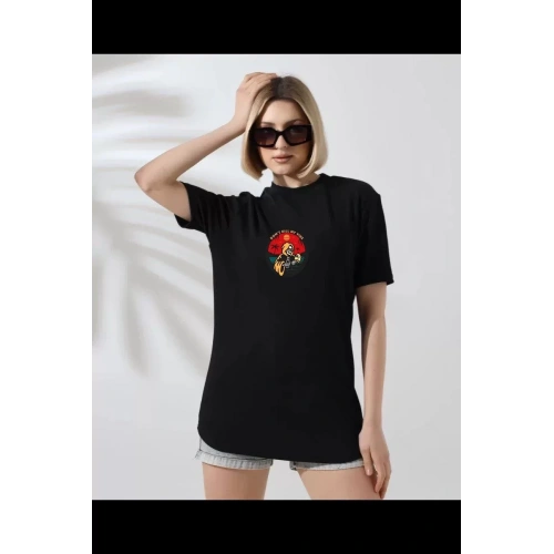 Unisex Kadın Bisiklet Yaka Baskılı T-Shirt - Siyah