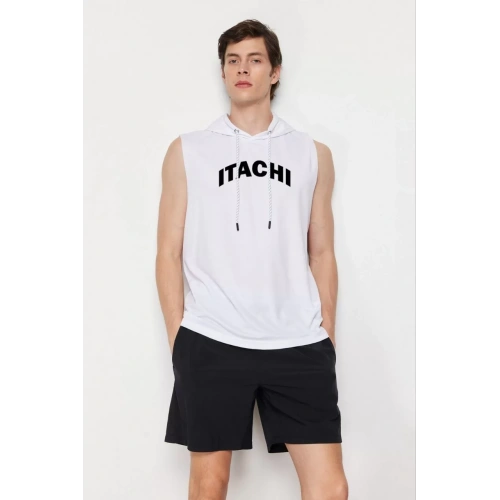 Unisex Kapşonlu Kolsuz Baskılı Oversize T-shirt - Beyaz