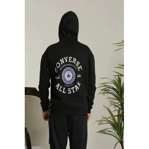 Unisex Kapüşonlu Üç İplik Oversize Baskılı Sweatshirt - Siyah