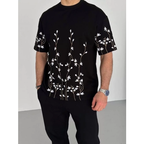 Unisex Nakış İşlemeli T-Shirt - Siyah