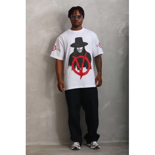 Unisex Oversize Baskılı Bisiklet Yaka T-Shirt - Beyaz