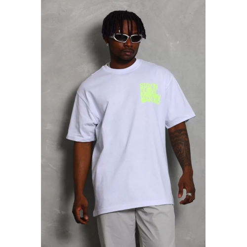 Unisex Oversize Baskılı Bisiklet Yaka T-Shirt - Beyaz