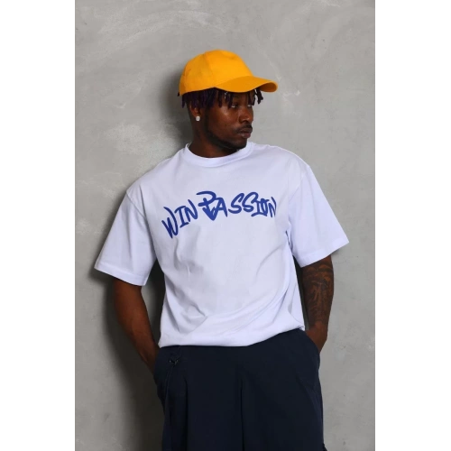 Unisex Oversize Baskılı Bisiklet Yaka T-Shirt - Beyaz