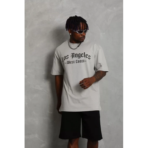 Unisex Oversize Baskılı Bisiklet Yaka T-Shirt - Gri