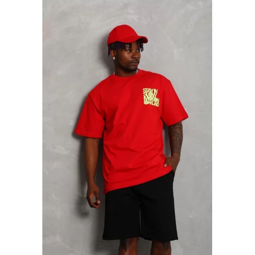 Unisex Oversize Baskılı Bisiklet Yaka T-Shirt - Kırmızı