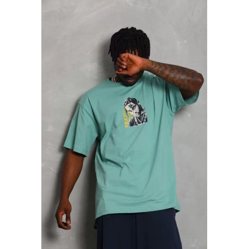 Unisex Oversize Baskılı Bisiklet Yaka T-Shirt - Mint Yeşili