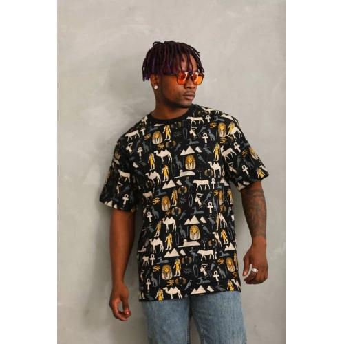 Unisex Oversize Baskılı Bisiklet Yaka T-Shirt - Siyah