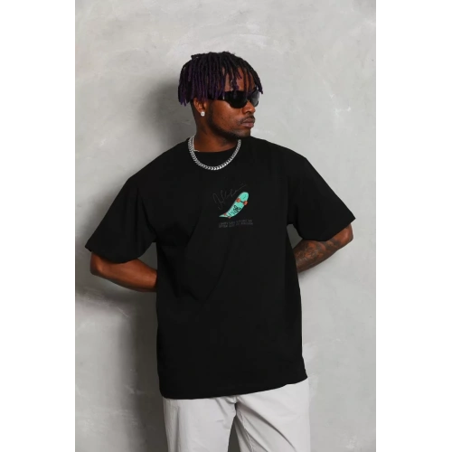 Unisex Oversize Baskılı Bisiklet Yaka T-Shirt - Siyah