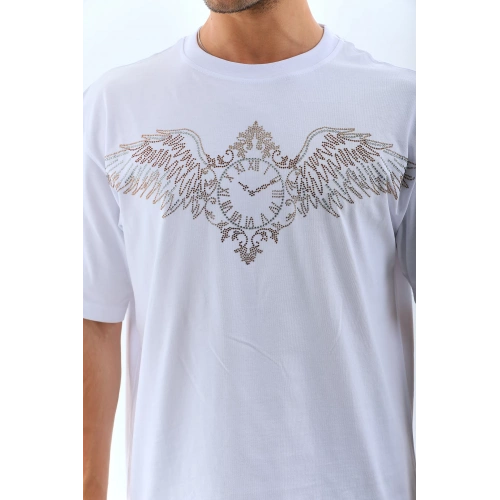 Unisex Oversize Taşlı Bisiklet Yaka T-Shirt - Beyaz