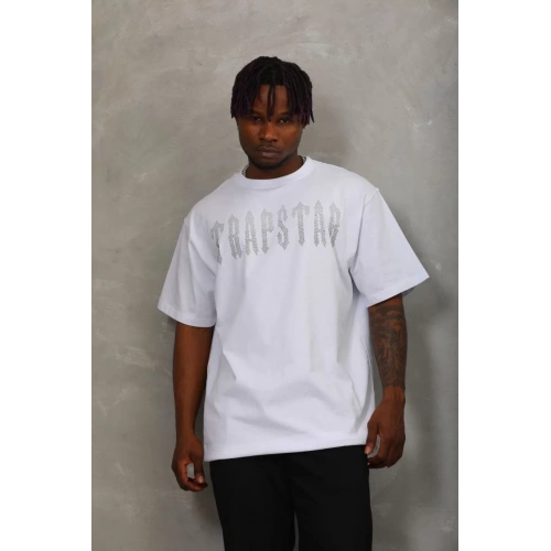 Unisex Oversize Taşlı Bisiklet Yaka T-Shirt - Beyaz