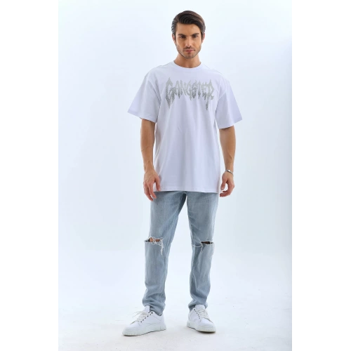 Unisex Oversize Taşlı Bisiklet Yaka T-Shirt - Beyaz