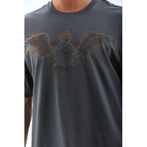 Unisex Oversize Taşlı Bisiklet Yaka T-Shirt - Füme