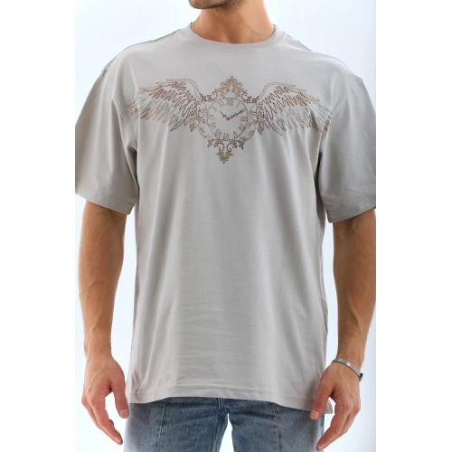 Unisex Oversize Taşlı Bisiklet Yaka T-Shirt - Gri