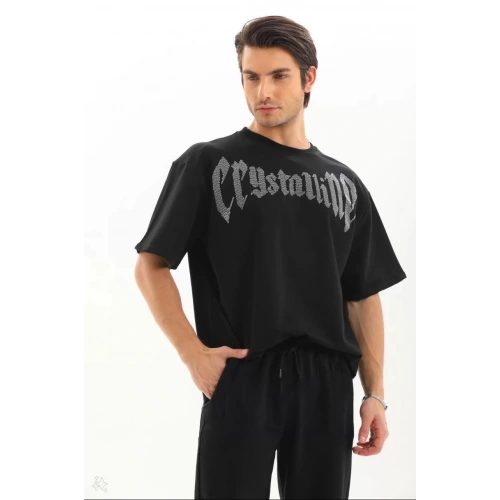 Unisex Oversize Taşlı T-Shirt - Siyah