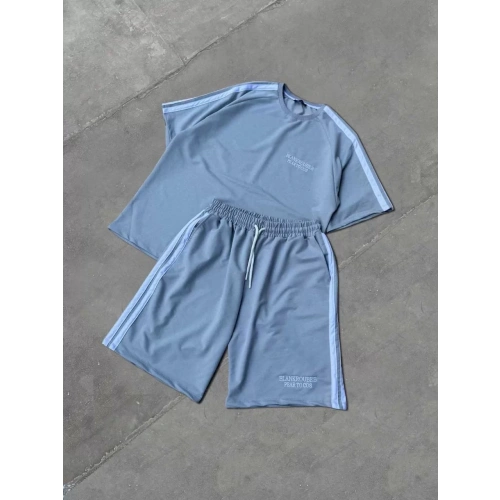 Unisex Şeritli Baskılı Şortlu Takım - Boyalı Gri