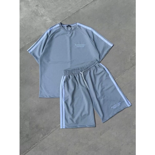 Unisex Şeritli Baskılı Şortlu Takım - Boyalı Gri