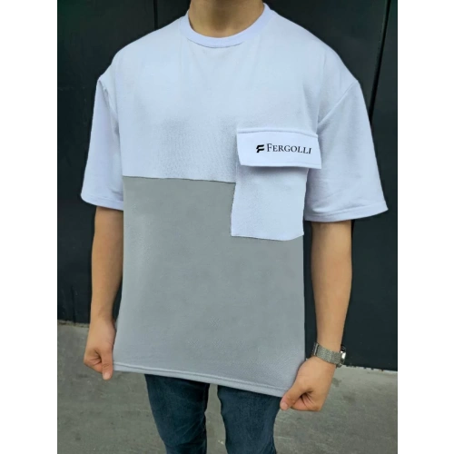 Unisex Torba Cep Detaylı  Parçalı T-Shirt - Gri