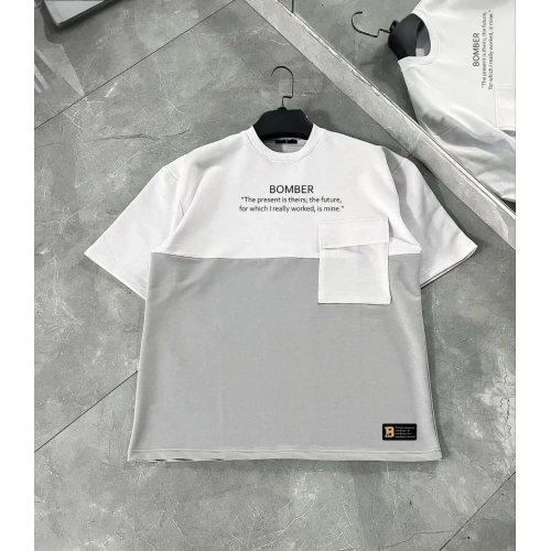 Unisex Torba Cep Detaylı  Parçalı T-Shirt - Gri