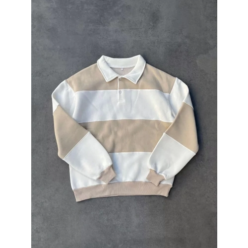 Unisex Üç İplik Parçalı Yakalı SweatShirt - Bej