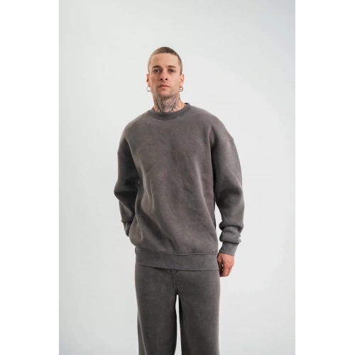 Unisex Uzun Kol Bisiklet Yaka Yıkamalı SweatShirt - Füme