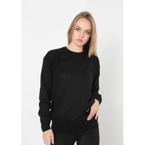 Unisex Uzun Kol Biskilet Yaka Dokuma Triko - Siyah