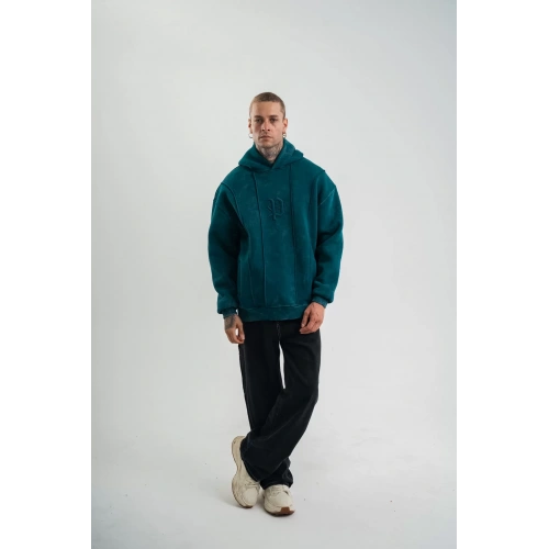 Unisex Uzun Kol Kapşonlu Yıkamalı Nakışlı SweatShirt - Koyu Deniz Yeşili